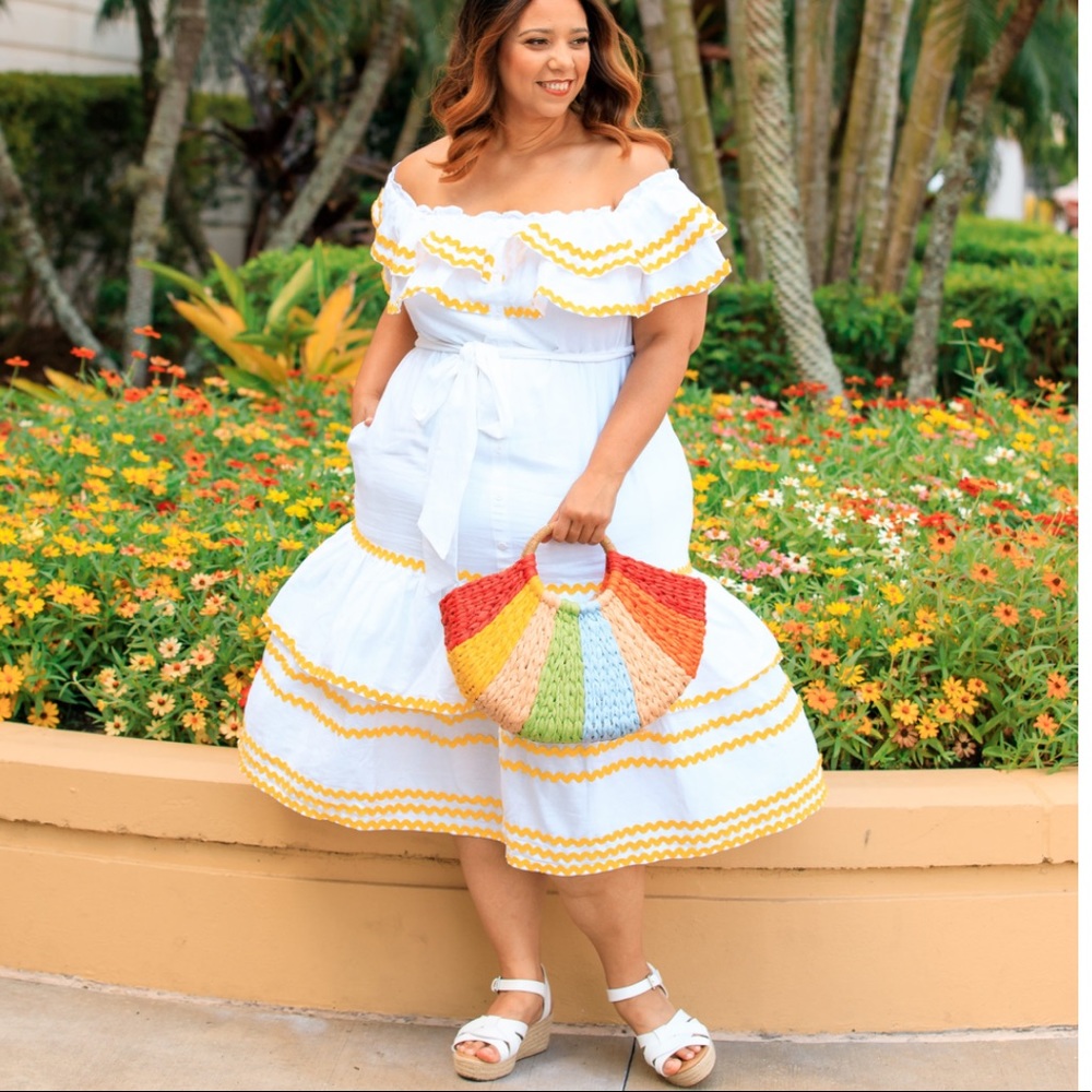 Lisa Marie Fernandez X target off shoulder ric rac trim linen ruffle midi dress